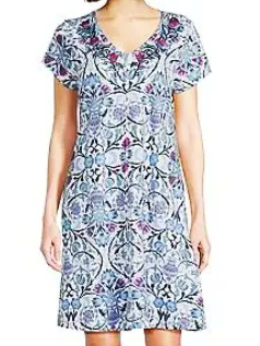 Go Softly XL Patio Dress Short Sleeve V-Neck Zip-Front Knit Blue Floral